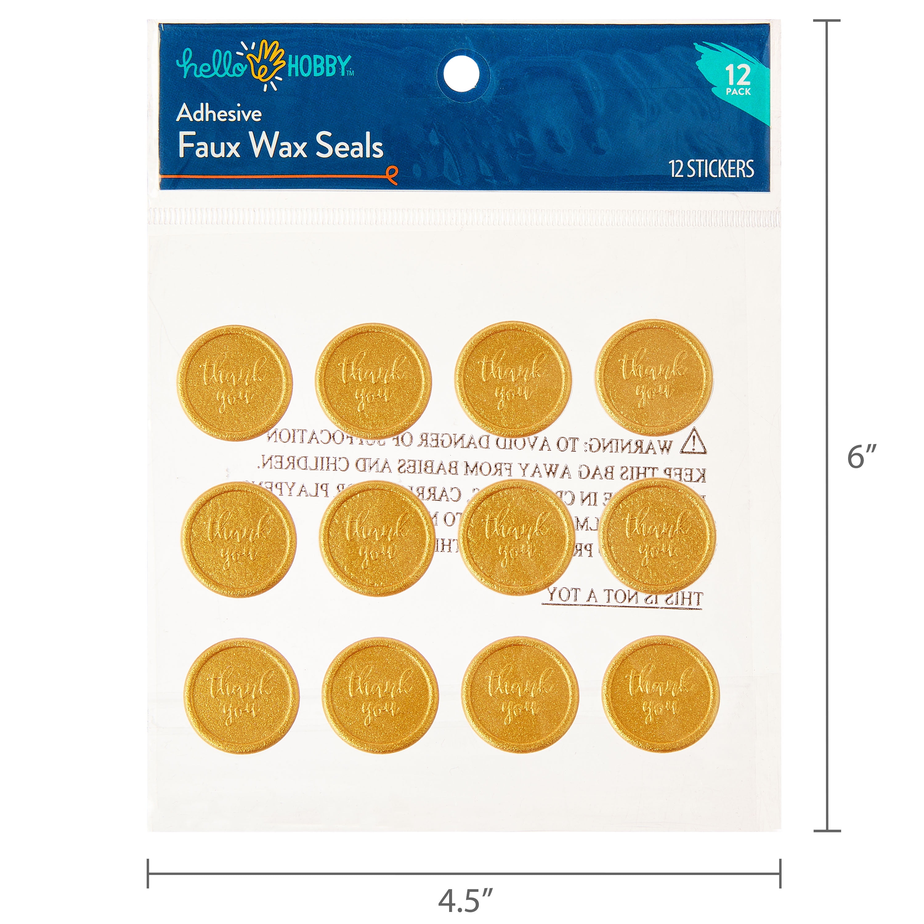 Hello Hobby Adhesive Faux Wax Seals Stickers, Gold, Thank You, 12 Count