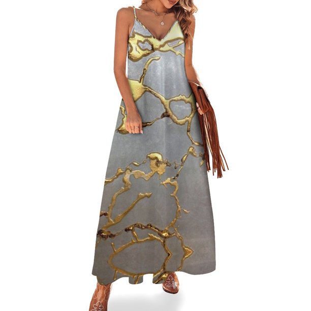 Vestido sin mangas Kintsugi elegante de cuero sintético dorado, ropa de fiesta, falda de verano para mujer, vestido de vendaje