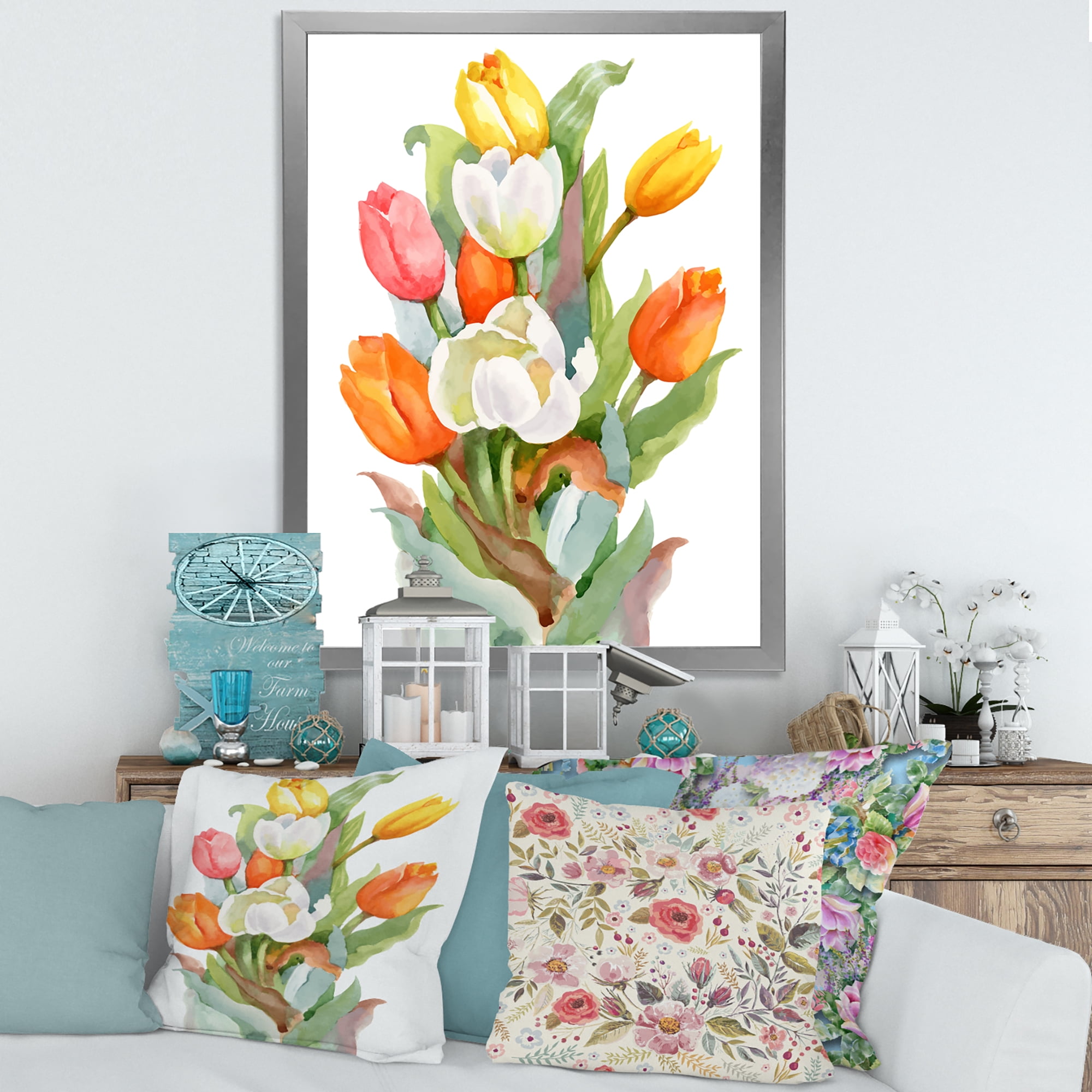 Designart 'Blooming Orange and White Tulips Flower' Traditional Framed Art Print