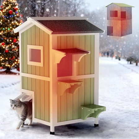 Gowoodhut 2 Story Insulated Outdoor Cat House with Insulated Liner Weatherproof Elevated Outside Cat Shelter,Green