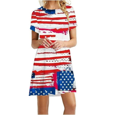 

Hvyesh Summer Dresses Women 2023 Casual Loose Fit Midi Dress Stars and Stripes Print Crew Neck Sundresses Short Sleeve Tunic Dresses Red