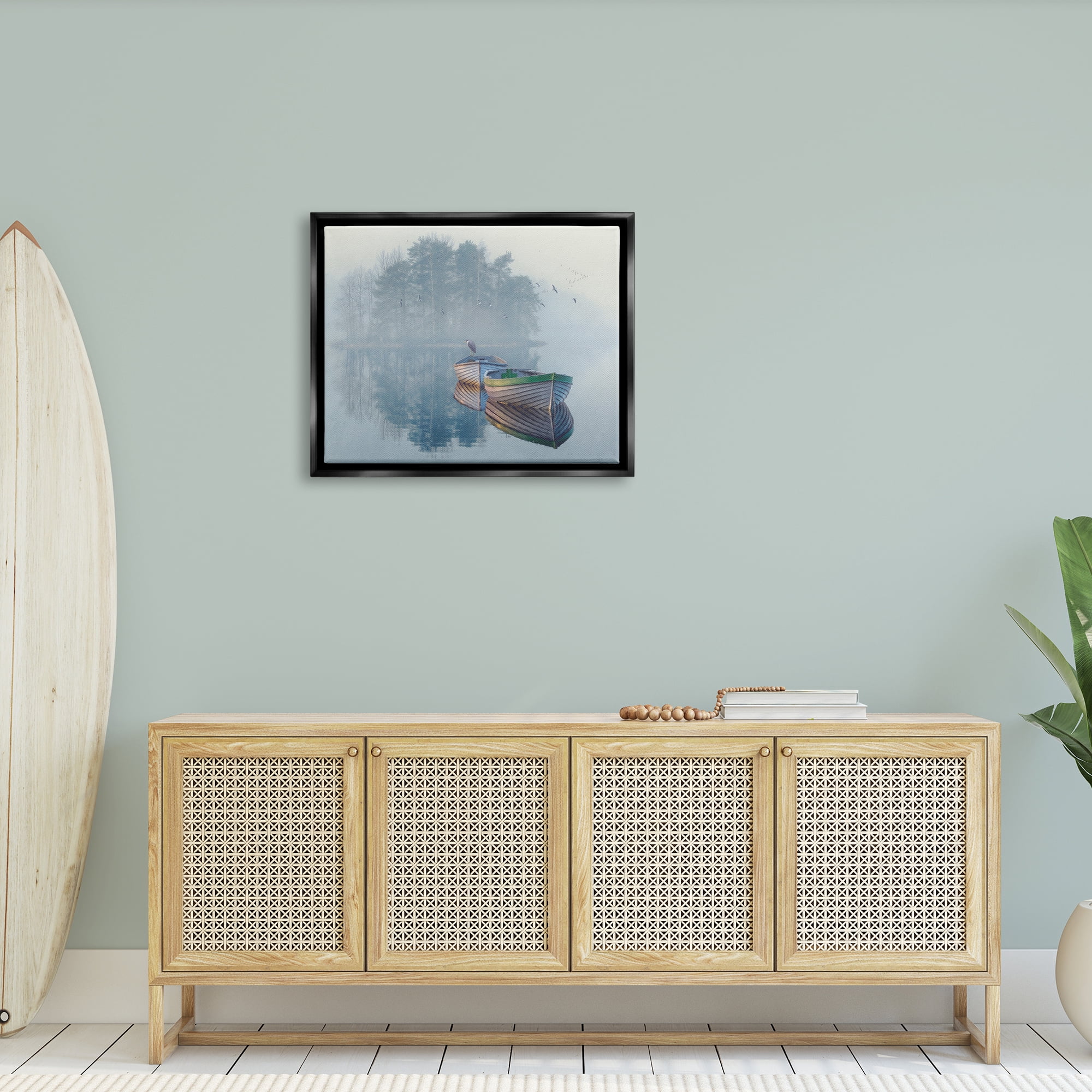 Stupell Foggy Boat Lake Reflection Landscape Painting Black Floater Framed Art Print Wall Art