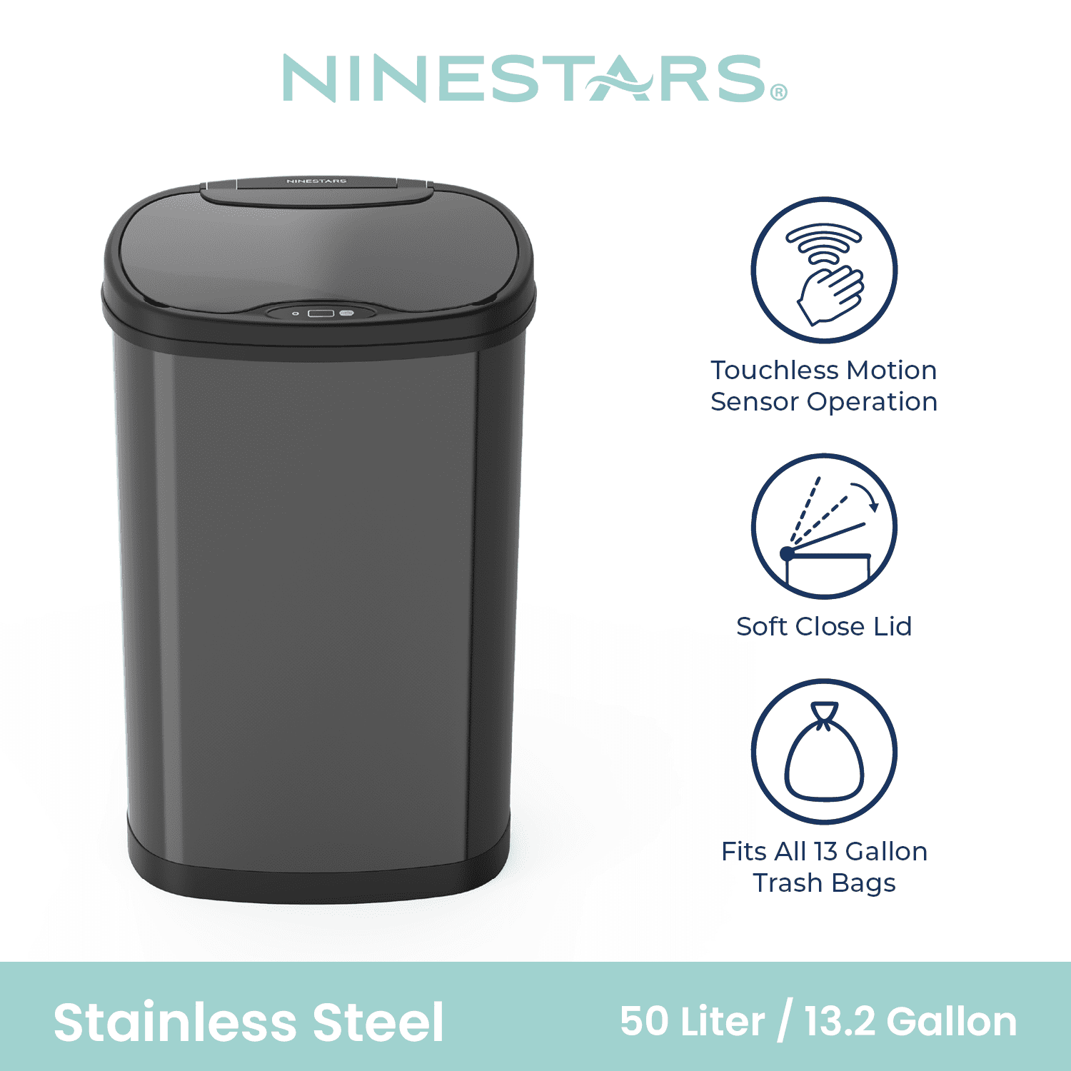 Nine Stars Automatic Kitchen Trash Can, 13.2 Gallon Stainless Steel, Motion Sensor Soft Close Lid Garbage Bin, Black