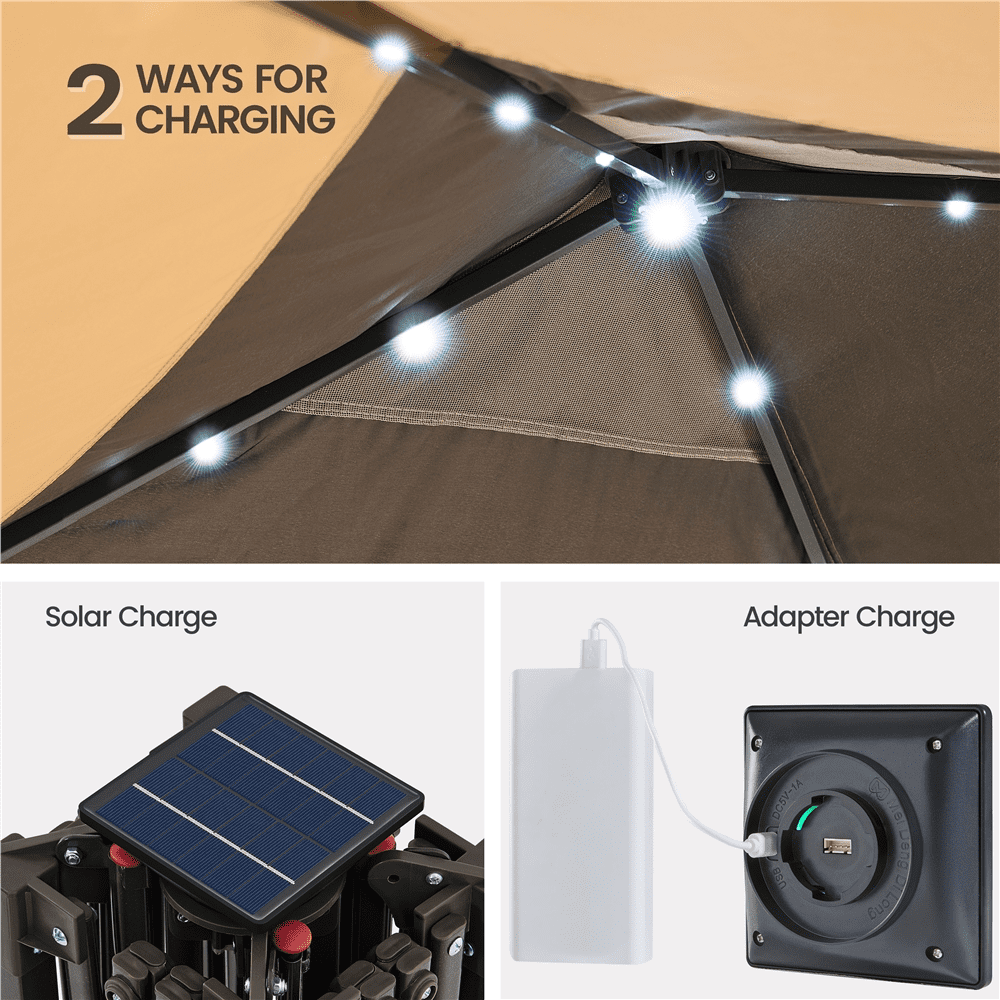Topeakmart 11x11ft Pop-up Gazebo with 4 Mesh Walls, Solar LED Lights for Outdoor, Khaki/Brown