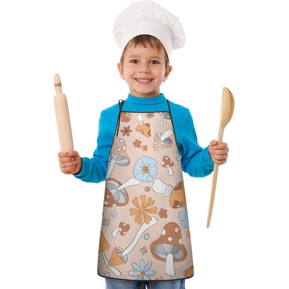 Brown Mushroom Flower Light Pattern Kids Aprons for Girls and Boys,Adjustable Neck Strap Toddler Aprons for Kids Cooking Baking