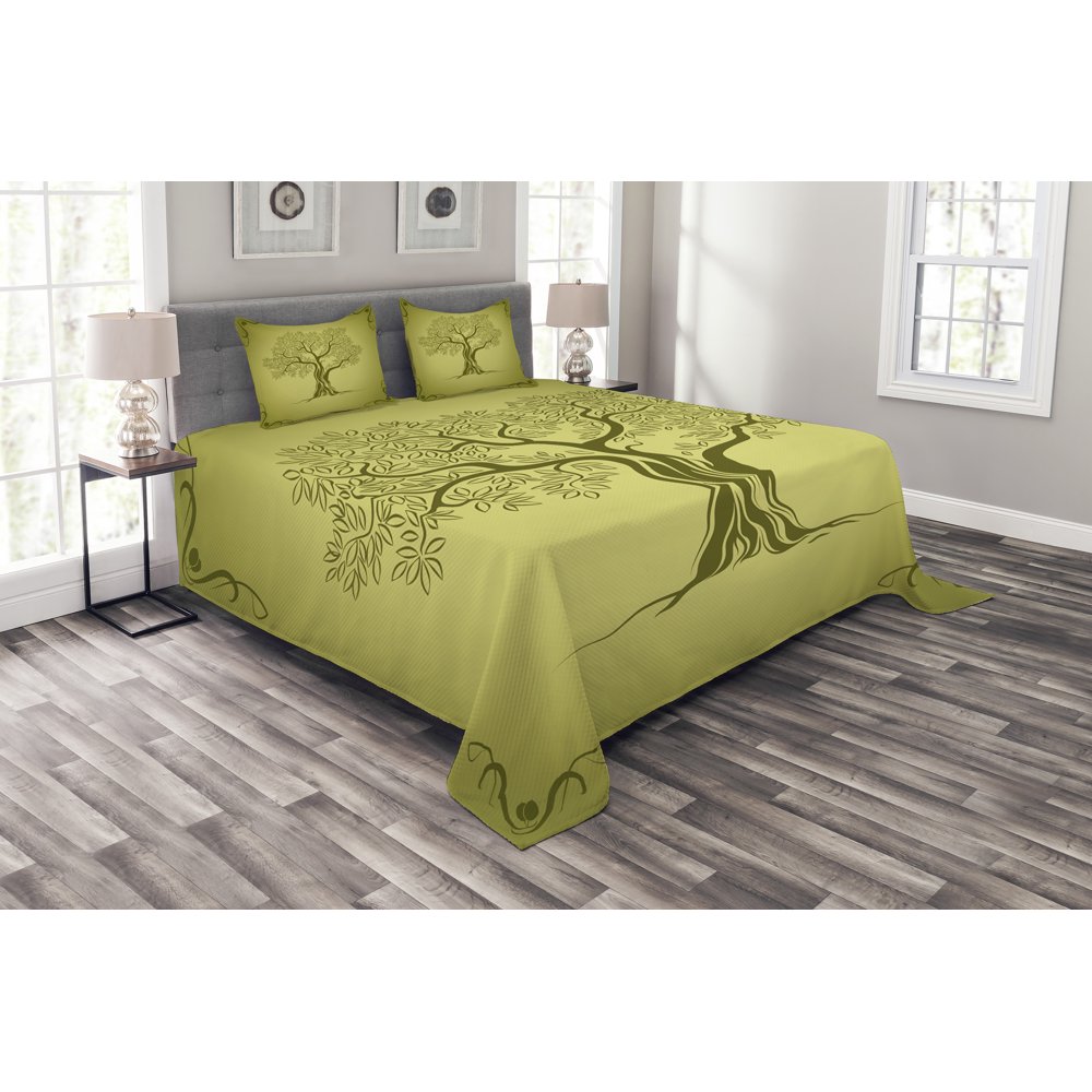 Olive Green Bedspread Set King Size, Mediterranean Olive Tree