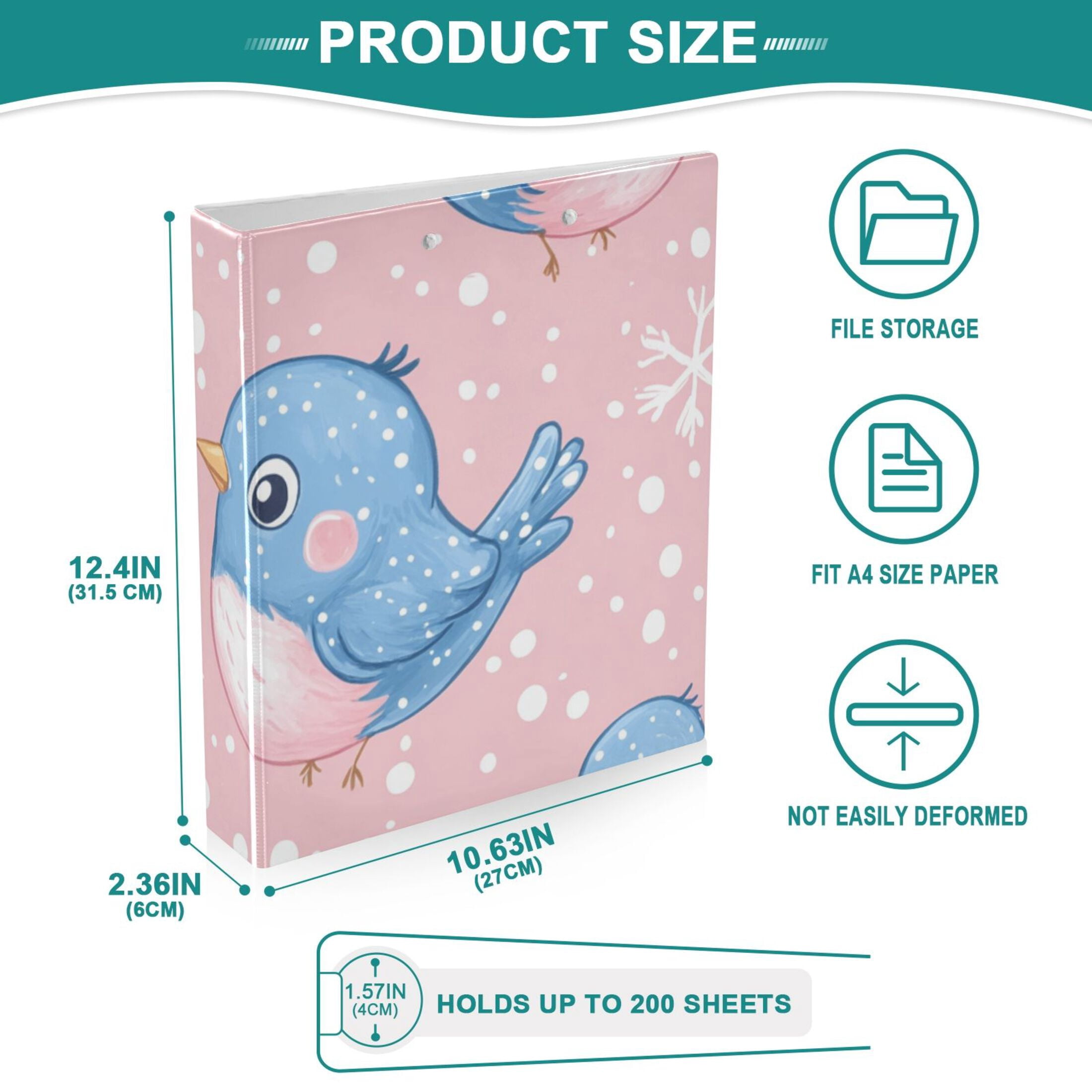 Blue Birds in Pink 3 Ring Binders 1.5 inch Hardcover File Folders with Interior Pockets A4 Size Organizer for School Office Hospital
