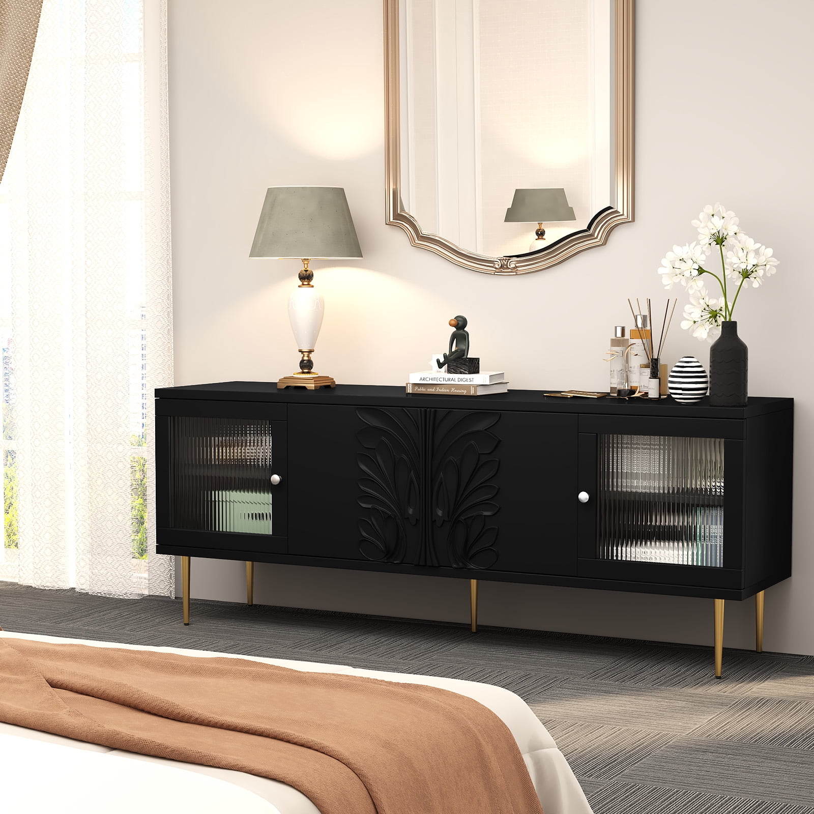 HLR 63" Modern Wood TV Stand with 3D Flower Pattern For TVs Up to 75", Entertainment Center with Storage, Black