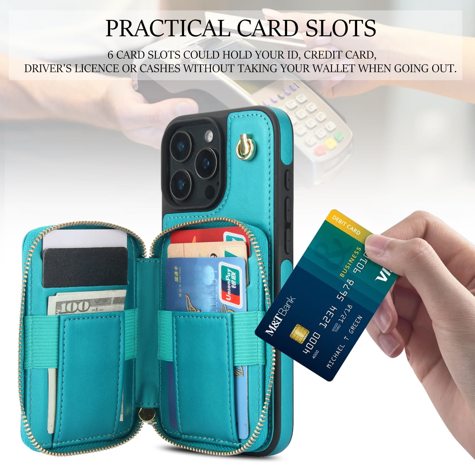 Compatible with iPhone 16 Pro 6.3 inch Wallet Phone Case Tempered Glass Screen Protector Wrist Crossbody Strap Stand Credit Card Holder RFID Slot Cell Cover for i Phone16 i16 16Pro Women Girls Green