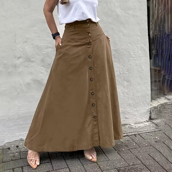 Women's High Waisted Midi Skirt, Elegant Solid Color Front Button A-Line Skirt with Pockets and Side Slit, Versatile All Seasons Work Skirt for Office and Casual Wear Brown L