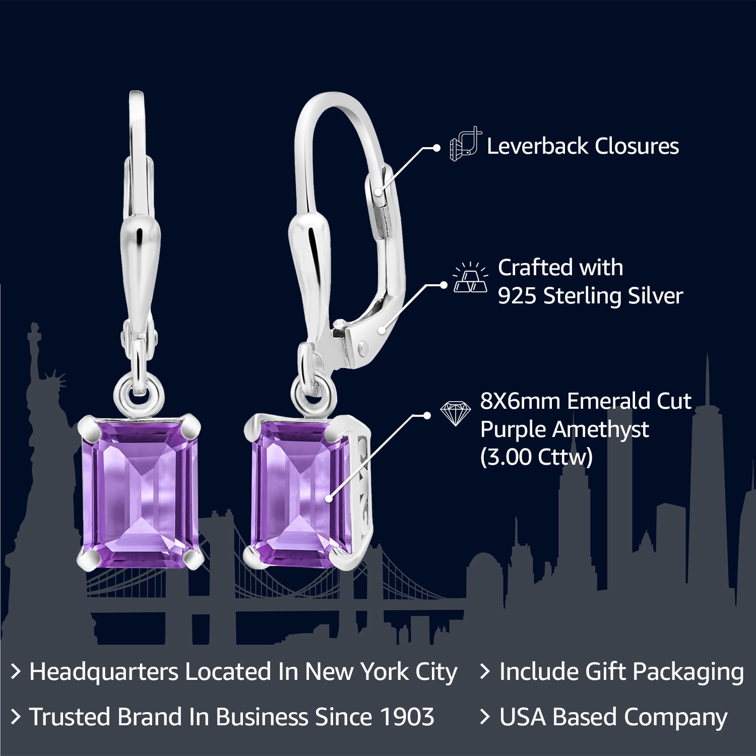 Gem Stone King 925 Sterling Silver Purple Amethyst Dangle Earrings for Women (3.00 Cttw, Gemstone February Birthstone, Emerald Cut 8X6MM)