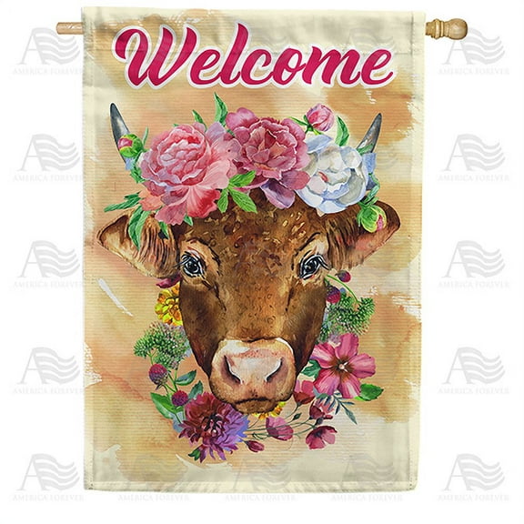 America Forever Spring Summer Floral Cow Welcome House Flag Rustic Farmhouse 28 x 40 inch Double Sided Holiday Seasonal Yard Outdoor Decorative Brown Cow Welcome Flag