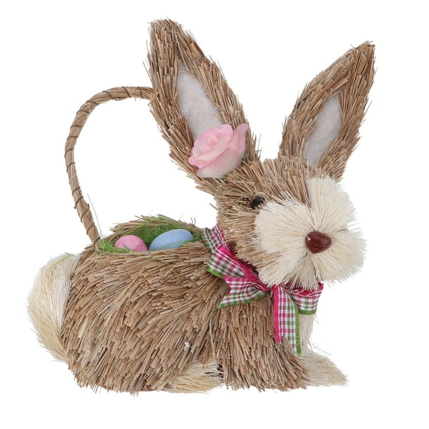 Mueble de conejito de Pascua tejido a mano con paja. Adorno de conejo artesanal.