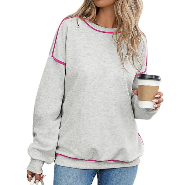 Sudadera Informal para Mujer, Cuello Redondo, Larga, Bloque de Color, Holgada, Tops Casuales de Moda para Otoño Gris XL
