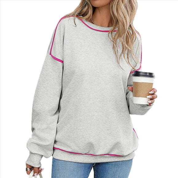 Sudadera Informal para Mujer, Cuello Redondo, Larga, Bloque de Color, Holgada, Tops Casuales de Moda para Otoño Gris S