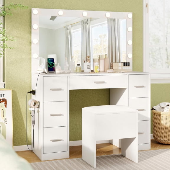 CHARMAID Vanity Desk with Large Mirror and Lights, White Makeup Vanity Table with Charging Station, 7 Drawers, Cushioned Storage Stool, 3 Lighting Modes, Modern Dressing Table for Bedroom