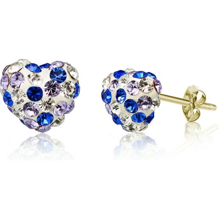Pori Jewelers 14K Solid Gold Pave Multicolor Clear, Tanzanite, Sapphire Crystal Puff Heart Earrings Made Wswarovski Elements