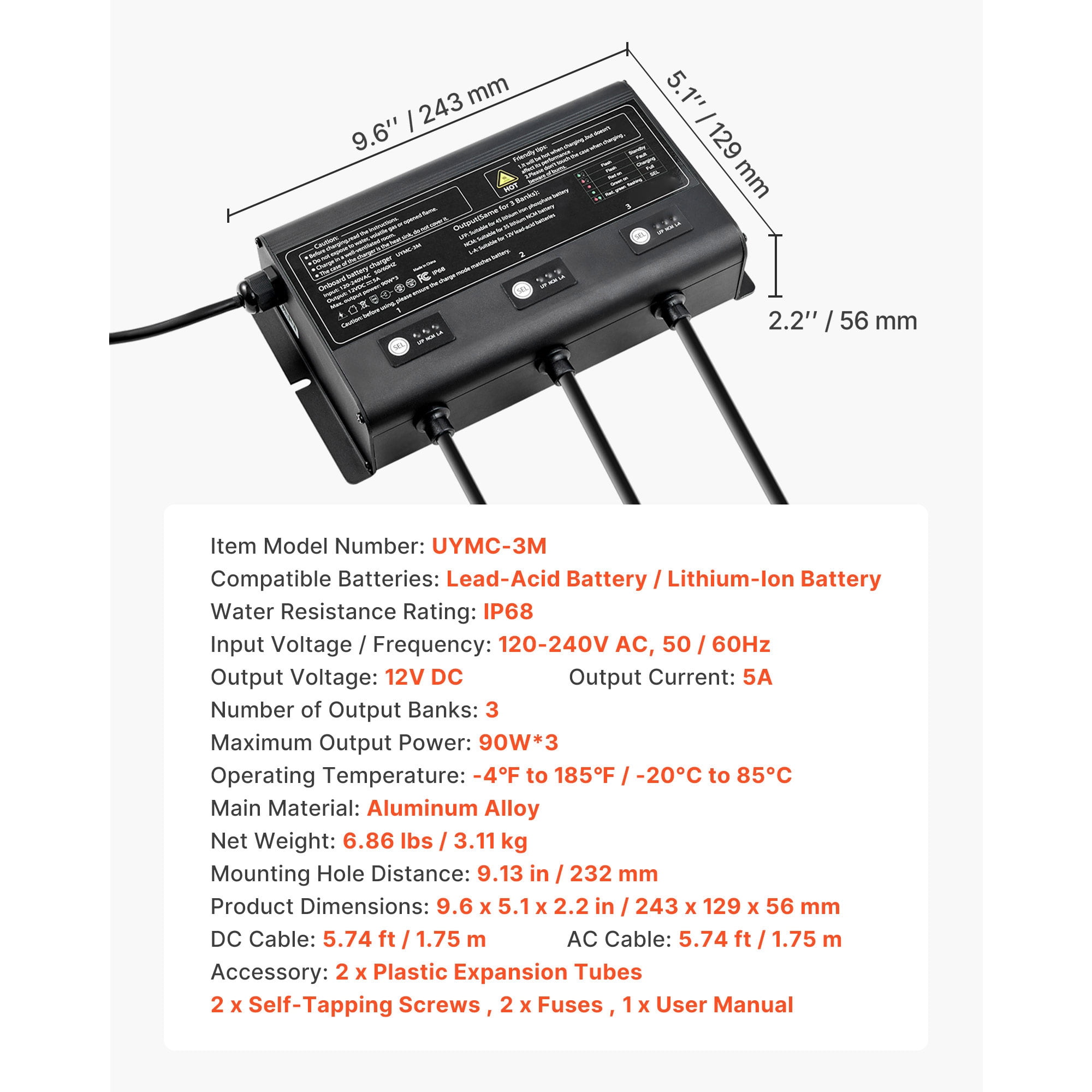 KFFKFF Marine Battery Charger, 3-Bank, 5A 12V Onboard Charger, IP68 Waterproof Smart Charger, Compatible with Lithium-Ion (LiFePO4), NCM, and Lead-Acid Batteries for Boats, Yachts, RVs, and Trailers