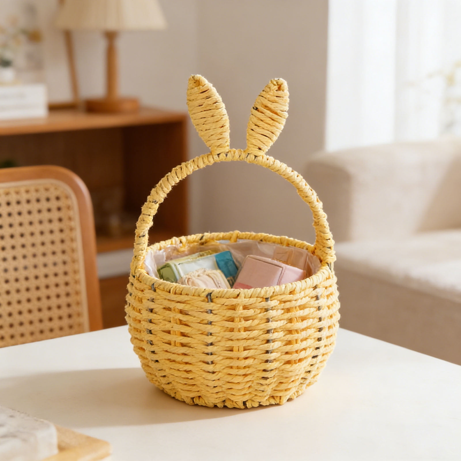 Basket with Handle for Party Favors, Easter Bunny Woven Basket, Handmade Straw Wicker Easter Candy Eggs Baskets for Kids Cute Rabbit Picnic Hamper for Egg Party Gifts Toy Storage