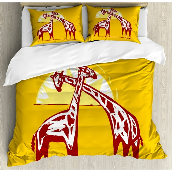 Giraffe Duvet Cover Set King Size, Endemic Animal African Fauna Clouds Sun Rays Tribal Sunset Graphic Print, Decorative 3 Piece Bedding Set with 2 Pillow Shams, Earth Yellow and Ruby, by Ambesonne
