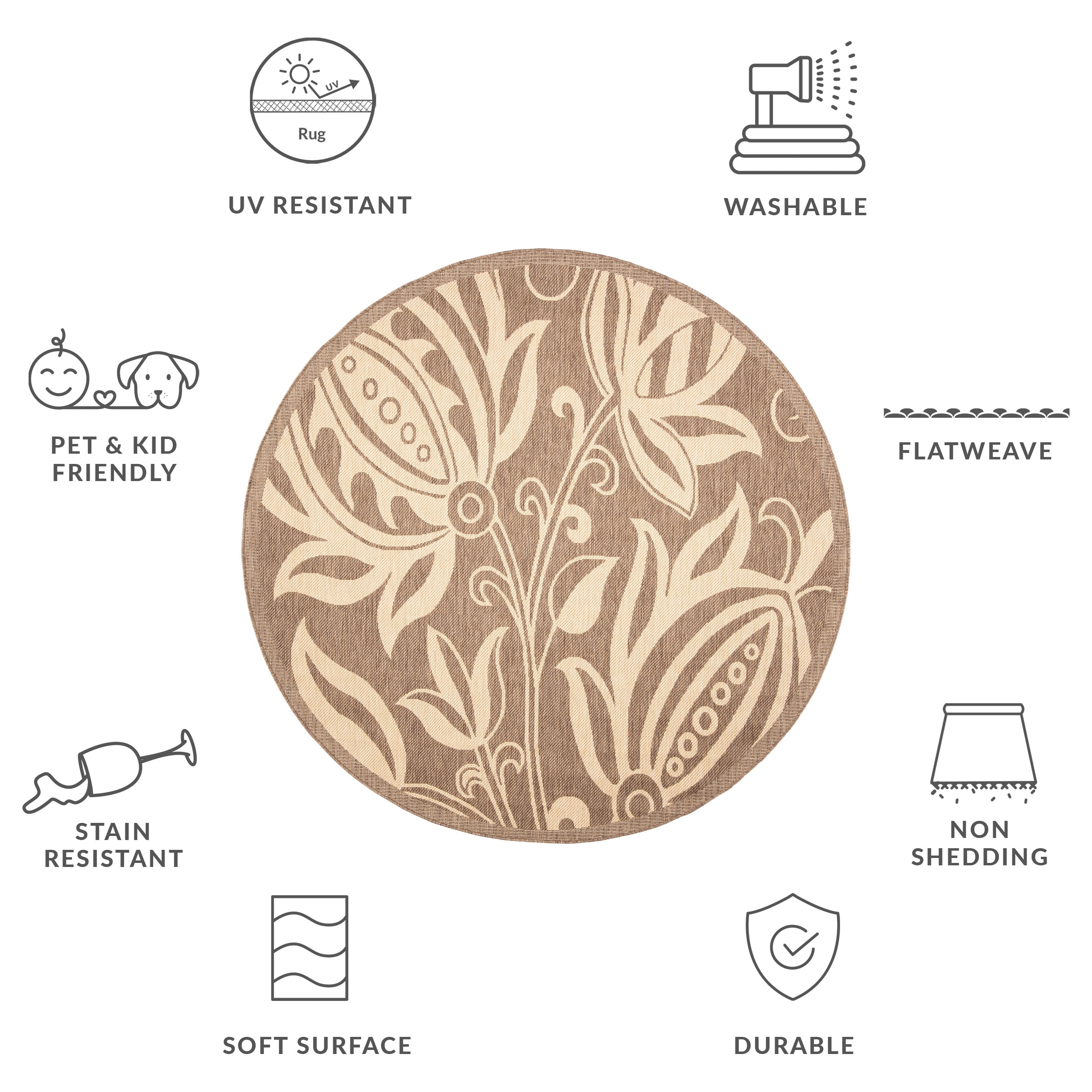 Safavieh Courtyard Crystal Floral Indoor/Outdoor Area Rug, Brown/Natural, 6'7" x 6'7" Round
