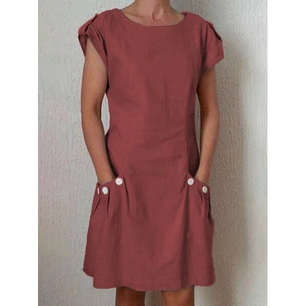 Women Retro Short Sleeve Solid Color Pocket Buttons Midi Dress Casual O Neck Cotton Linen Dresses Harajuku Clothing VestidosL Gao Jinjia LED