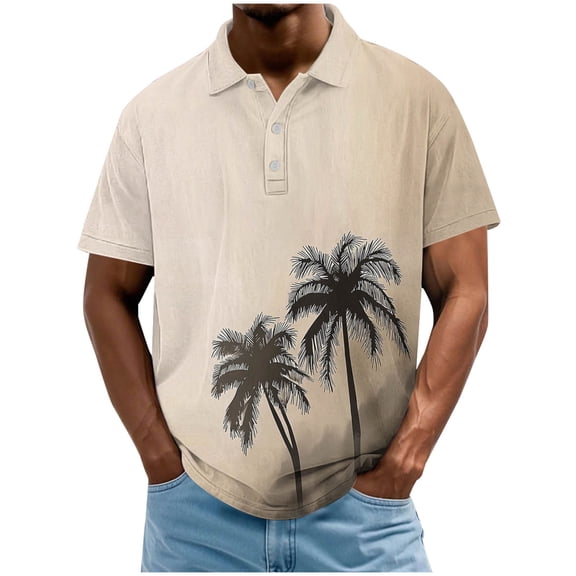 Dagegui Men's Collared Short Sleeve T-Shirts Palm Tree Graphic Tee Casual Crewneck T Shirts Summer Beach Vacation Tops Dark Gray M