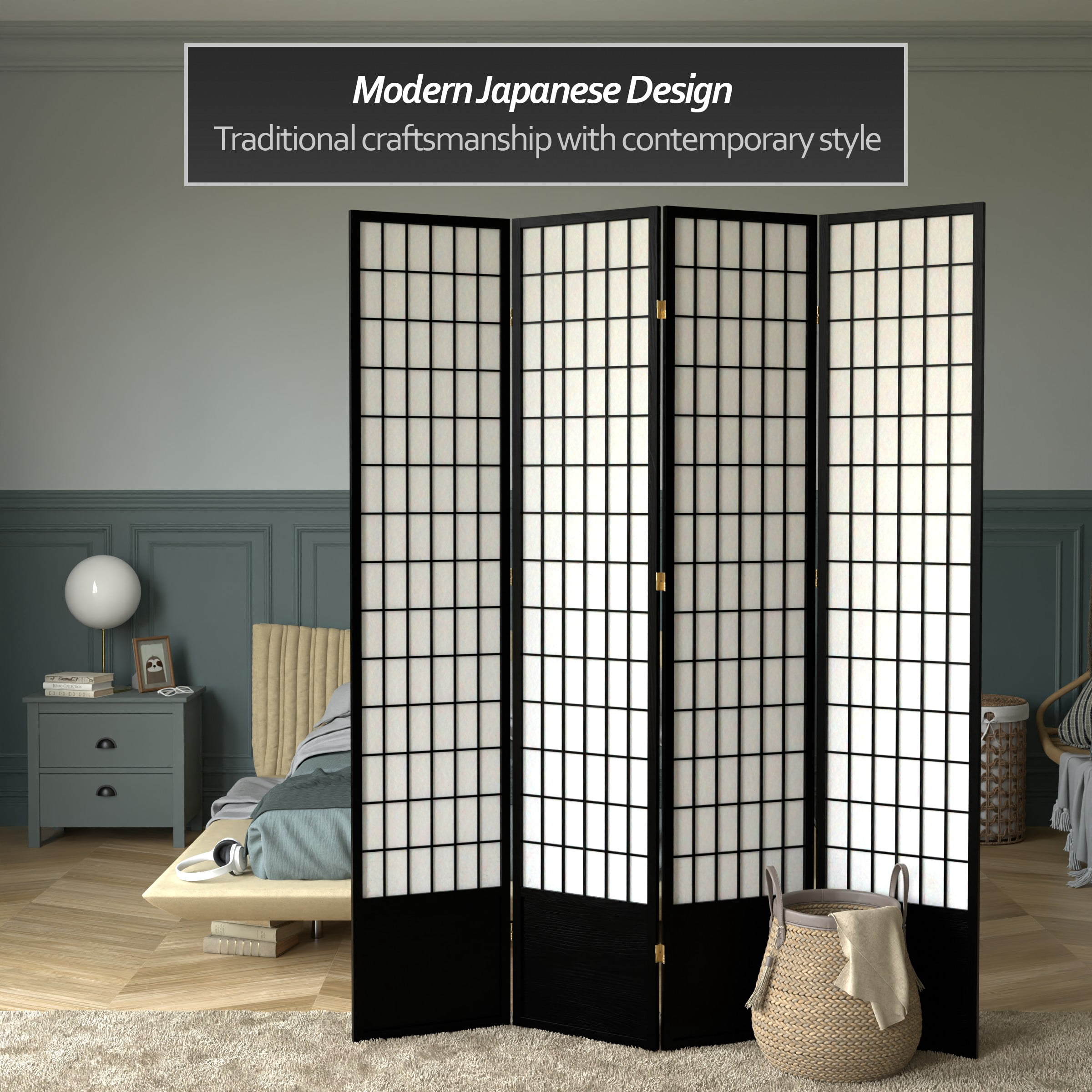 Red Lantern 7 ft. Tall Window Pane Shoji Screen - Black - 4 Panels