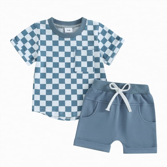 HCNTES Toddler Baby Boy Girl Clothes Little Boy Summer Outfit Short Sleeve Letter T Shirt Tops Newborn Rolled Shorts Set(Blue,0-6 Months)