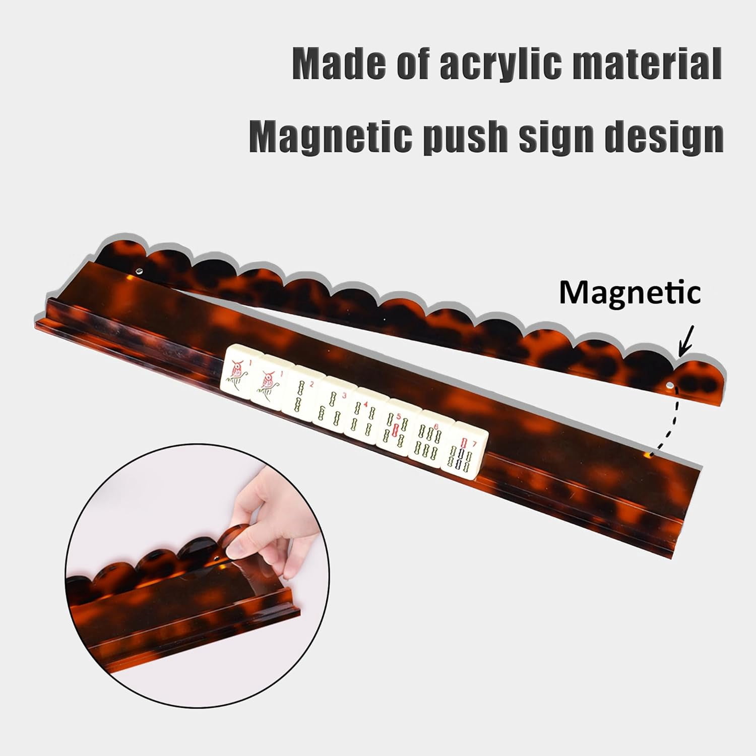 1pc Tortoise Shell Mahjong Rack with Magnetic Pusher 17.5/20 Inch Scalloped Acrylic Tile Holder for Mahjong, Single One