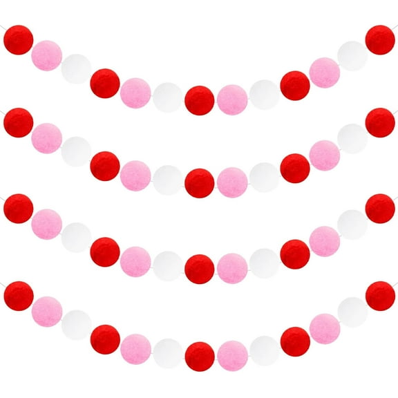 4 Pcs White Pink Red Pom Poms Garland, 6Ft Long 30 Balls Felt Ball Garland, Pastel Pom Poms String for Birthday Party Valentine's Decor