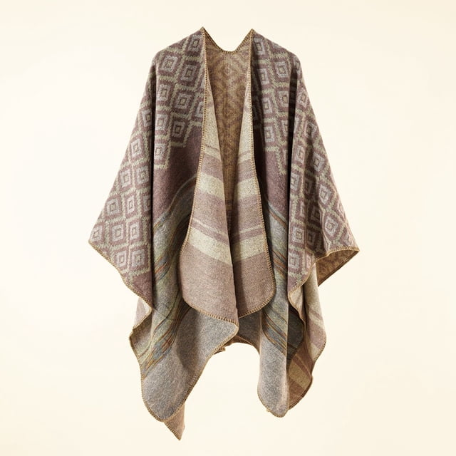 Xiao Hua Poncho tipo capa con estampado vintage y frente abierto para mujer, chal de invierno, color rosa