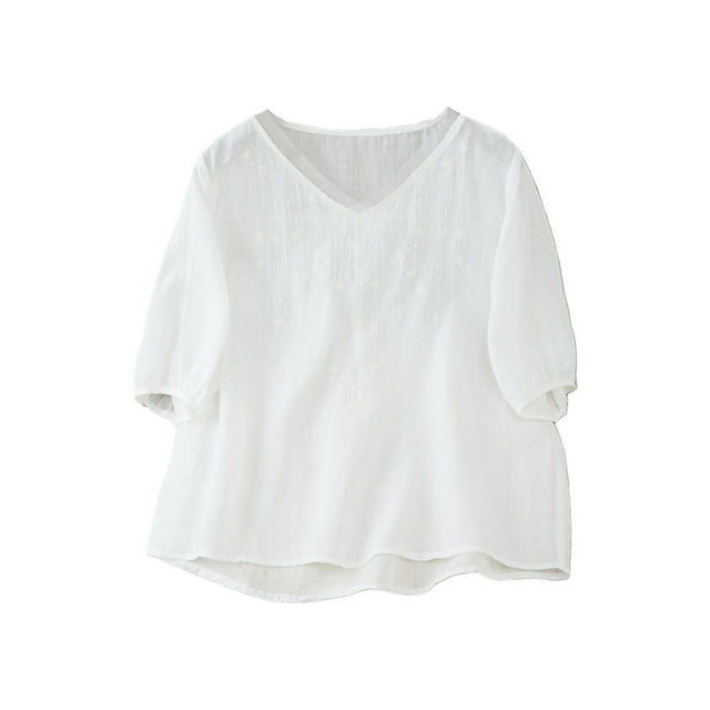 ManxiVoo Haut en Lin Brodé pour Femmes avec Insert en Maille Transparente Blouse à Manches Courtes Décontractée Design Artistique Tenue d'Été Taille g Blanc