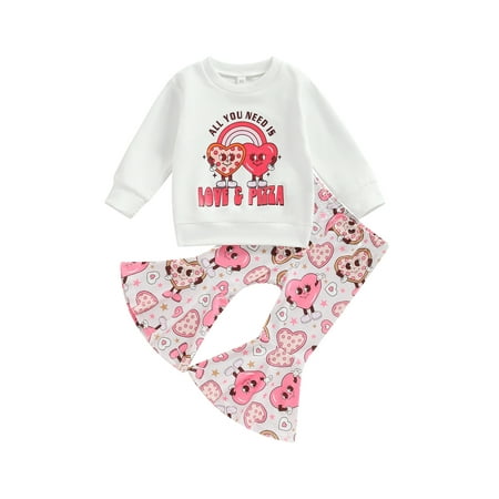 

Baby Girl Valentine s Day Outfits Letter Print Long Sleeve Crew Neck Sweatshirts and Heart Print Flare Pants 2Pcs Suit