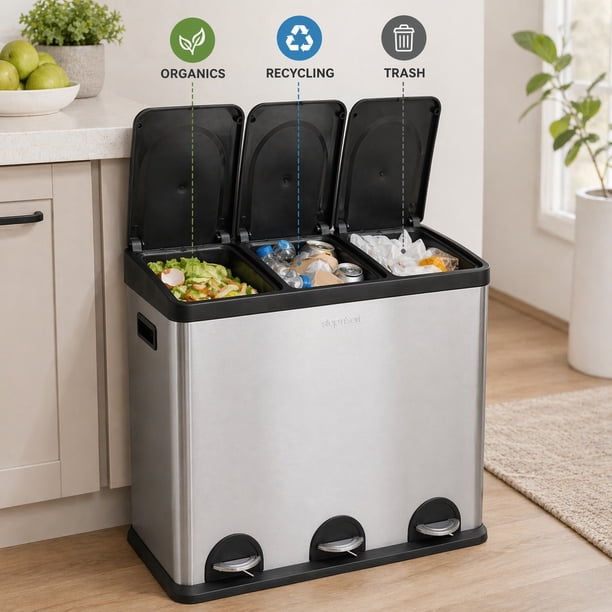 Step N' Sort 60L 3-Compartment Trash & Recycling Bin – Triple