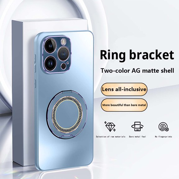 Multi-in-1 [KickStand  Bling Ring Holder] for iPhone 16 Case,Two-color Flash Ring Frosted Phone Back Design, Shockproof Anti-fall Anti-fingerprint Frame Protection Cover,Blue