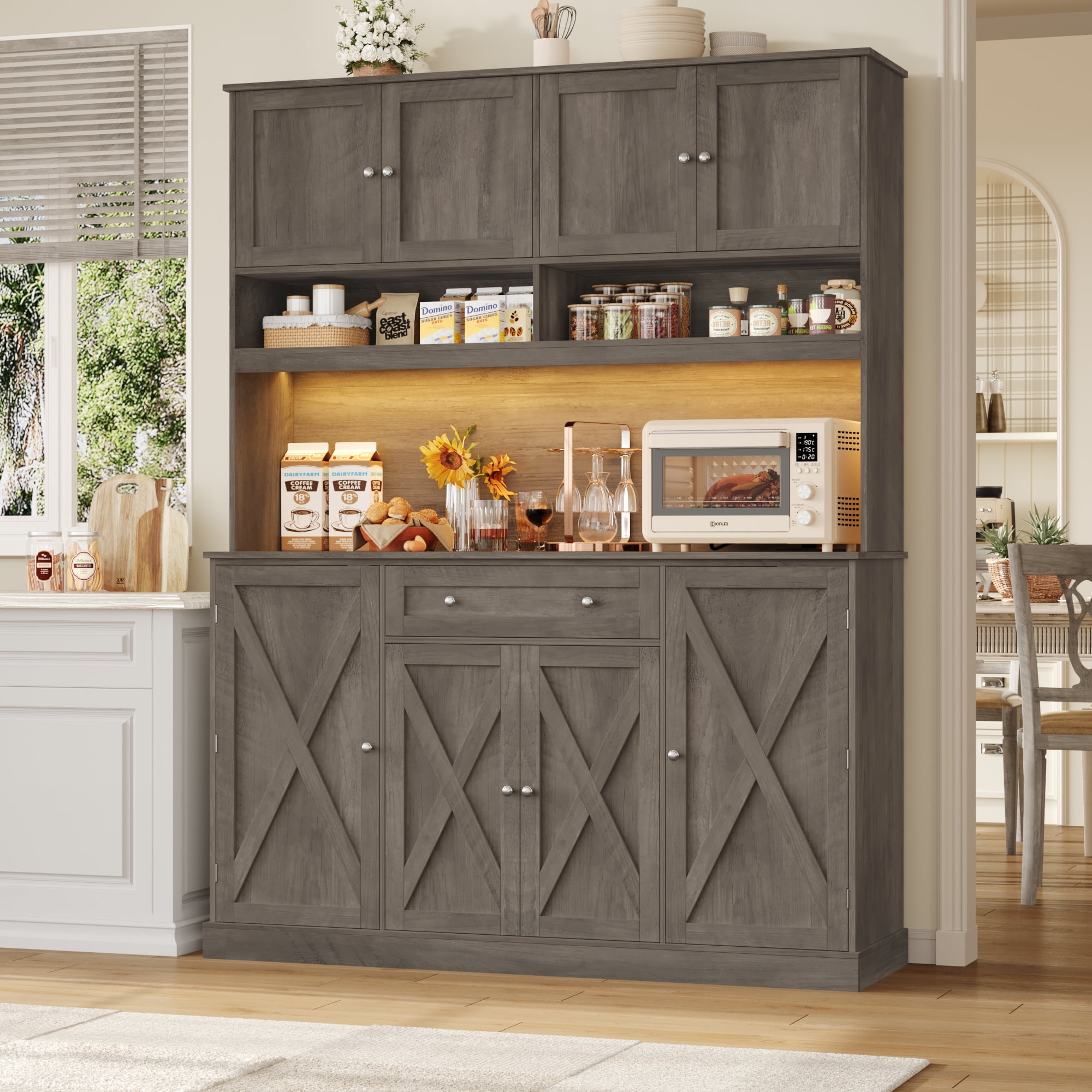 Homfa 72.8'' Tall Kitchen Pantry Cabinet with LED Lights & Charging Station, 8 Doors Storage Cabinet with Drawers & Shelves & Countertop, Kitchen Hutch with Adjustable Shelves for Dining Room, Gray