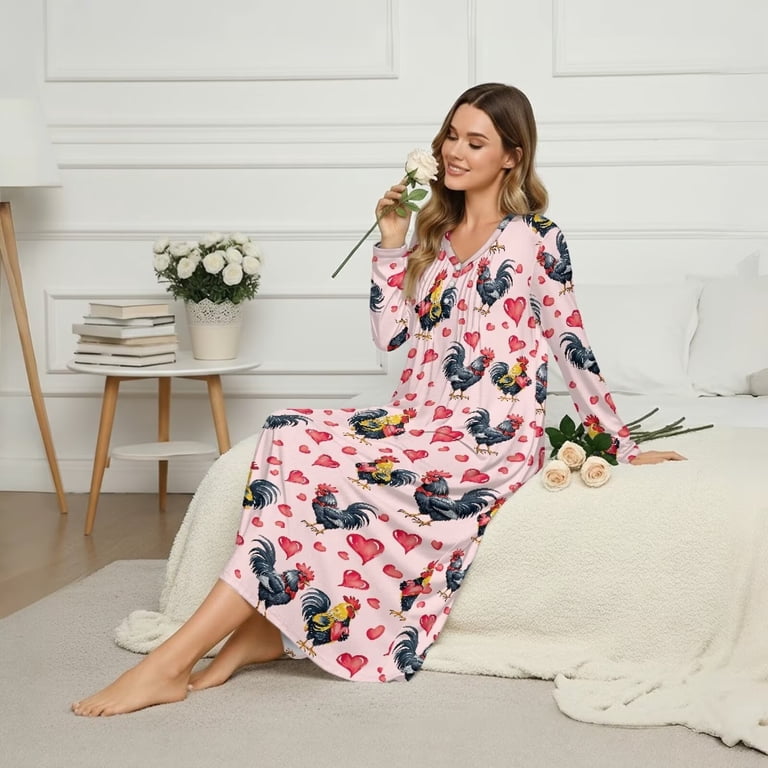 chicken dress for ladies Xoenoiee Rooster Heart Print Nightgown Women with Button, Valentine's Day Long Sleeve Soft Sleepwear, V-Neck Loungewear Maxi for Ladies, M summer-sequins