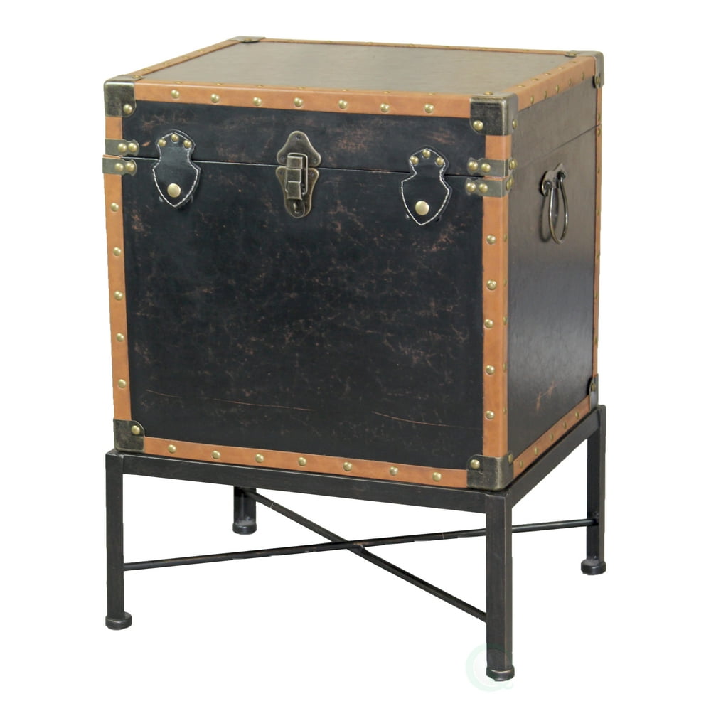 Faux Leather Trimmed Square Storage Trunk, End Table on Metal Stand