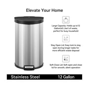 EKO Aria Kitchen Trash Can, 12 Gallon Stainless Steel Semi-Round Hands Free Step Lid Garbage Bin, Silver
