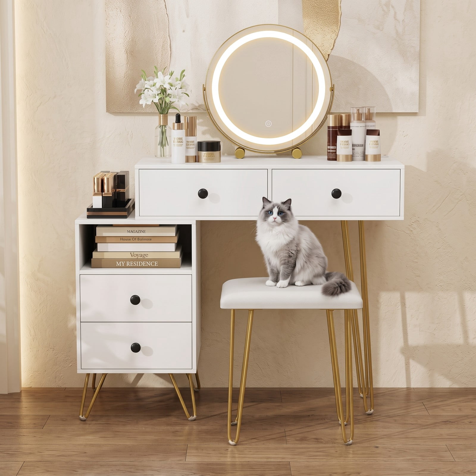 Furnibear Modern Dressing Table with 360 Degree Rotatable LED Mirror and Storage Cabinet and Cushioned Stool for Bedroom, White