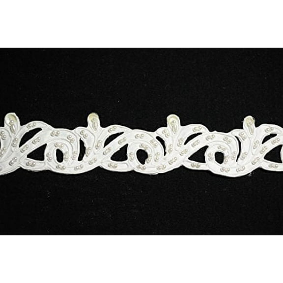 Altotux 1-5/8" White Satin Bridal Pearl Beaded Sequins Corded Lace Trim by Yard
