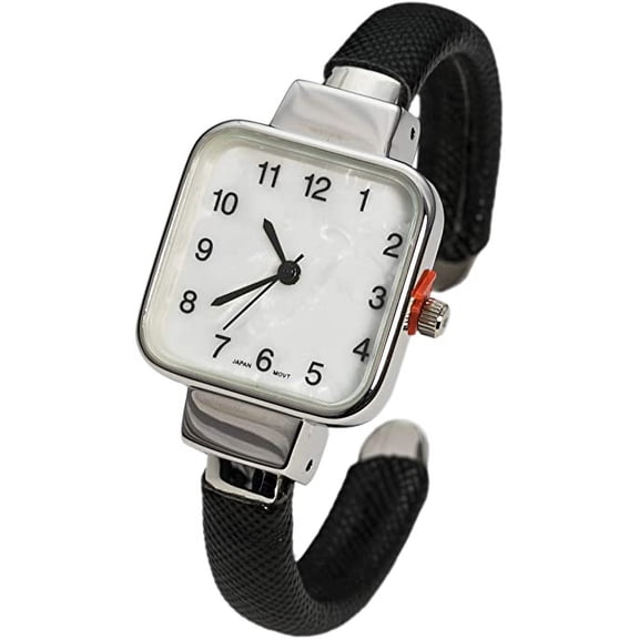Blekon Collections Japanese Quartz Women's Square 24.5mm Case Leather/Metal Cuff Bangle Watch