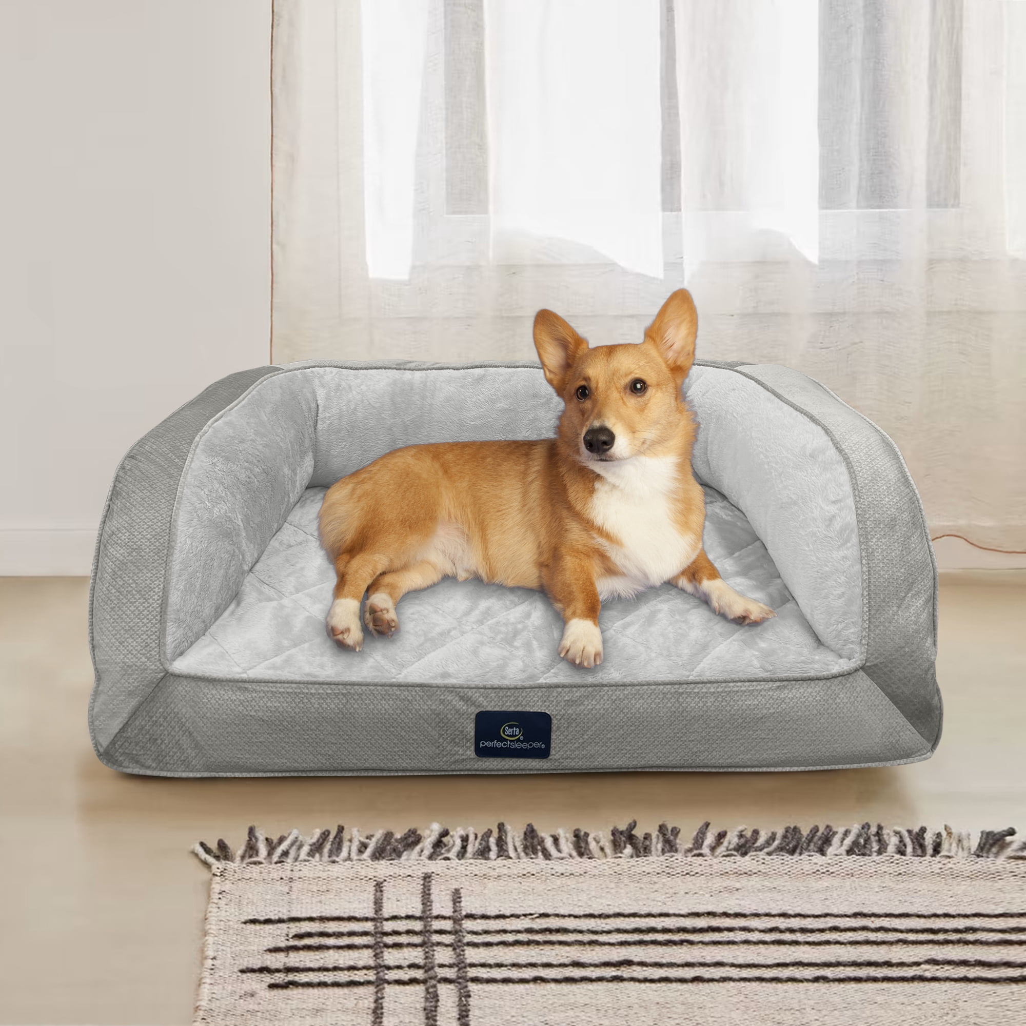 Serta Quilted Orthopedic Bolster Couch Cat & Dog Bed, Gray, Large