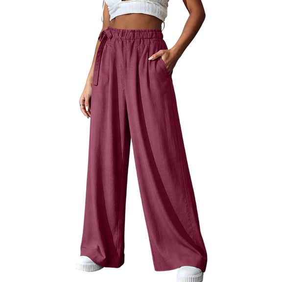 Guluxicc Loose Wide Leg Pants for Womens Elastic Waist Casual Trousers with Side Tie and Pockets Trendy Pants for Travel
