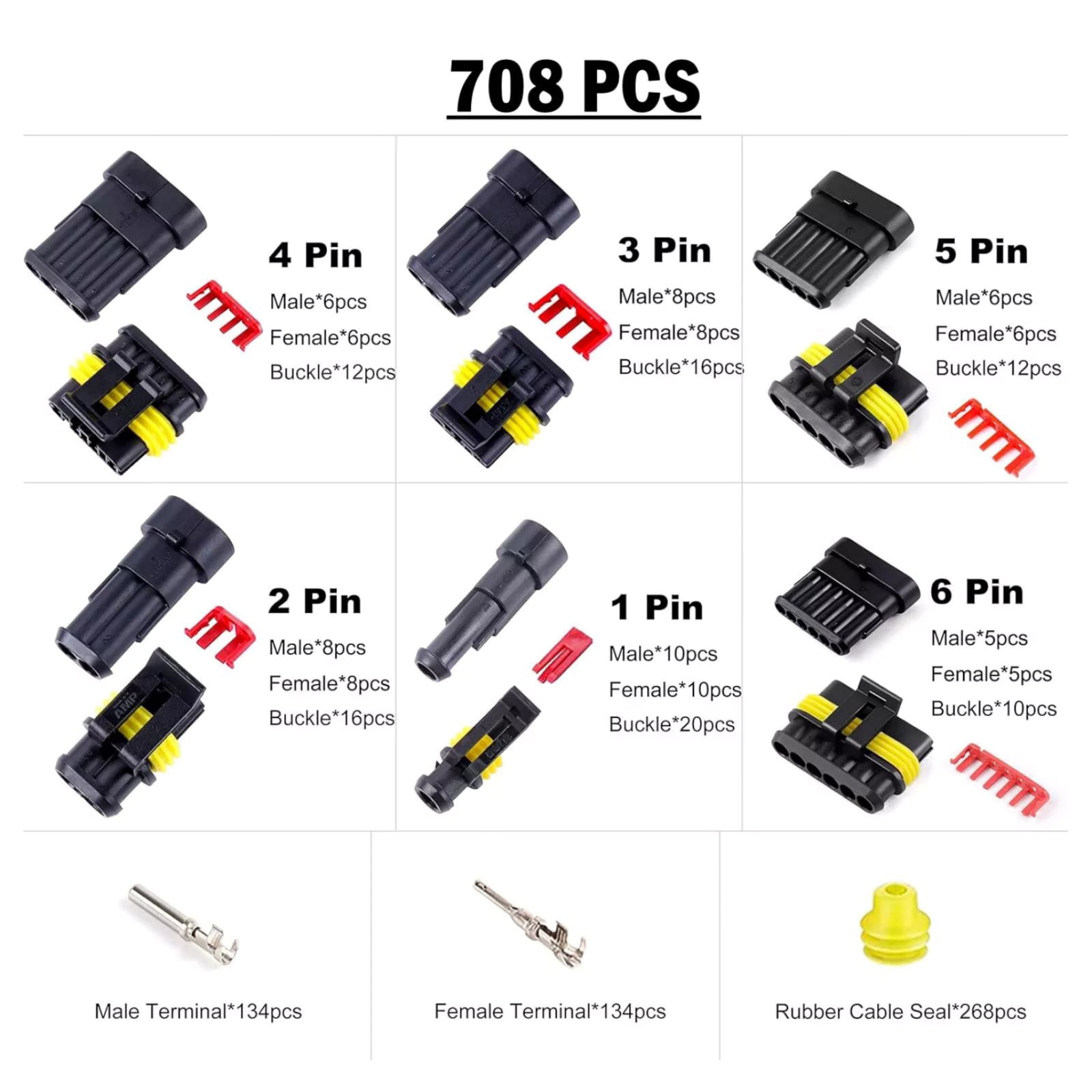 CSYANXING Waterproof Electrical Wire Connector Automotive Kit 708 Pcs 1-6 Pin 22-16 AWG Plugs Terminals Seals and Crimp Tool Set