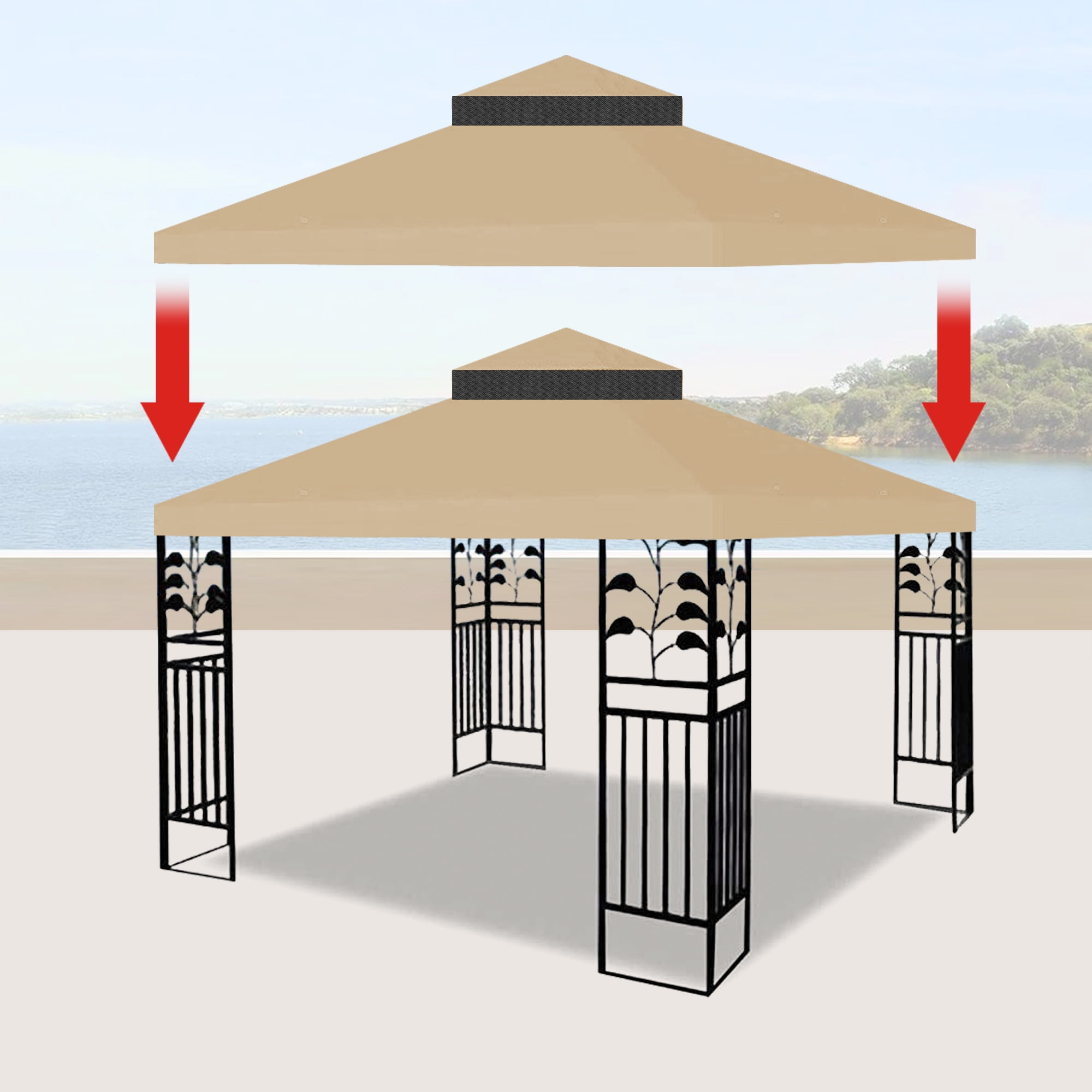 10' x 10' Replacement Canopy Top Cover,Double Tiered Replacement Gazebo Tent Roof Top Cover for Outdoor Garden Patio,khaki
