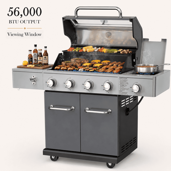 Seizeen 56,000 BTU Outdoor BBQ Grill, 4-Burner Propane Gas Grill with Side Burner w/ Lid Viewing Window, Multifunctional Grill w/Cast Iron Grate, Built-in Thermometer, Warming Rack for Patio Backyard