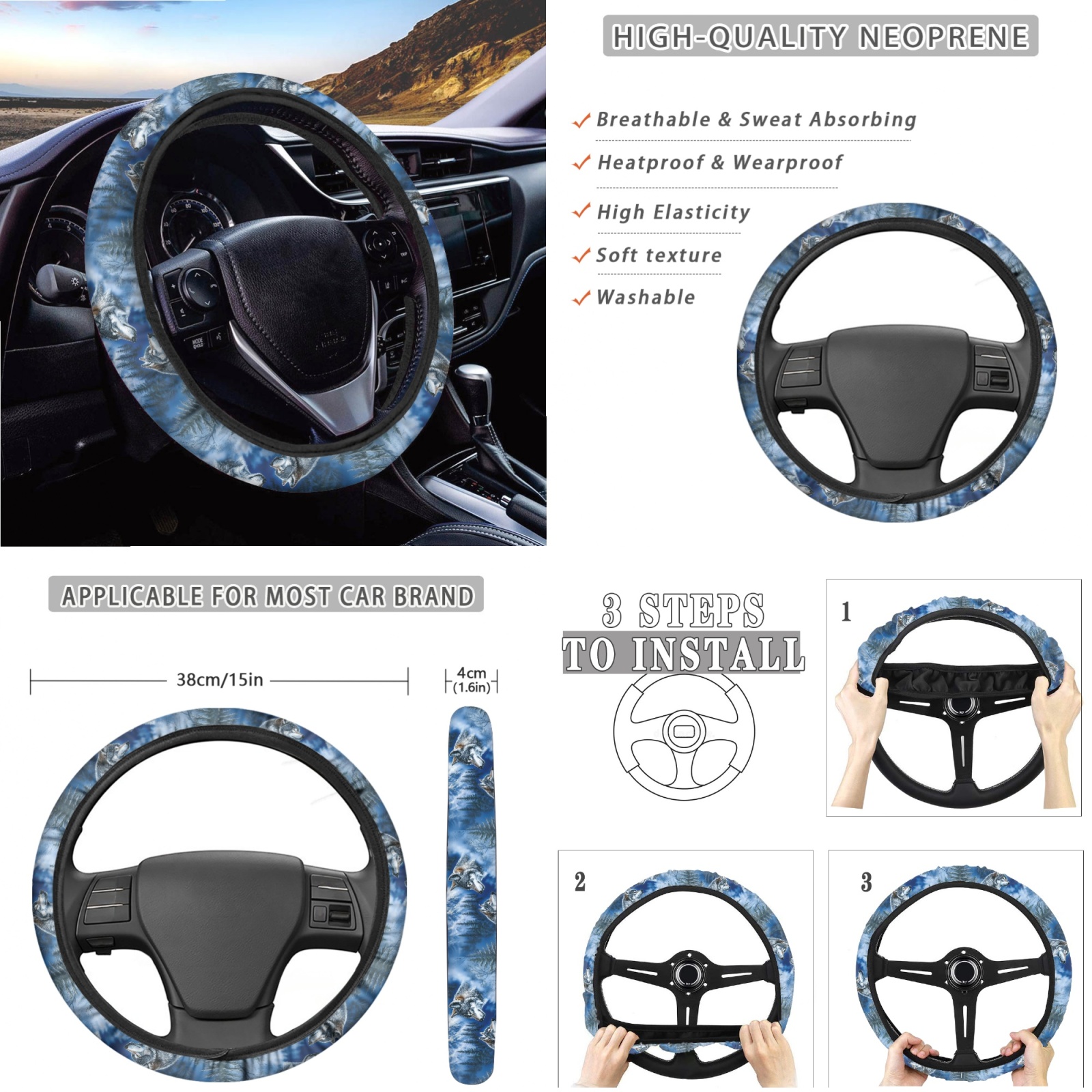 Renewold Wolf Forest Blue 14 PCS Car Seat Covers Set for Men, Auto Seat Protector with Steering Wheel Seat Belt Cover Garbage Bag Armrest Handbrake Rear View Mirror Protector Coasters