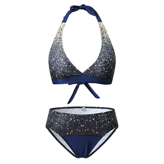 WREESH Womens Halter Two Piece Bikini Sets Swimsuits Solid Color Swimwear Beachwear Beach Bathing Suit Navy